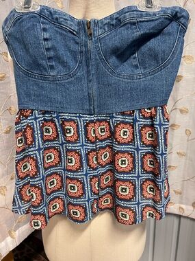 Rue21 Denim Bustier Top with Blue and Coral Mosaic Print